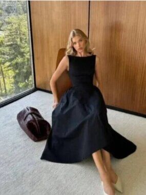 Helsa Black Stretch Cotton Sateen Midi Dress